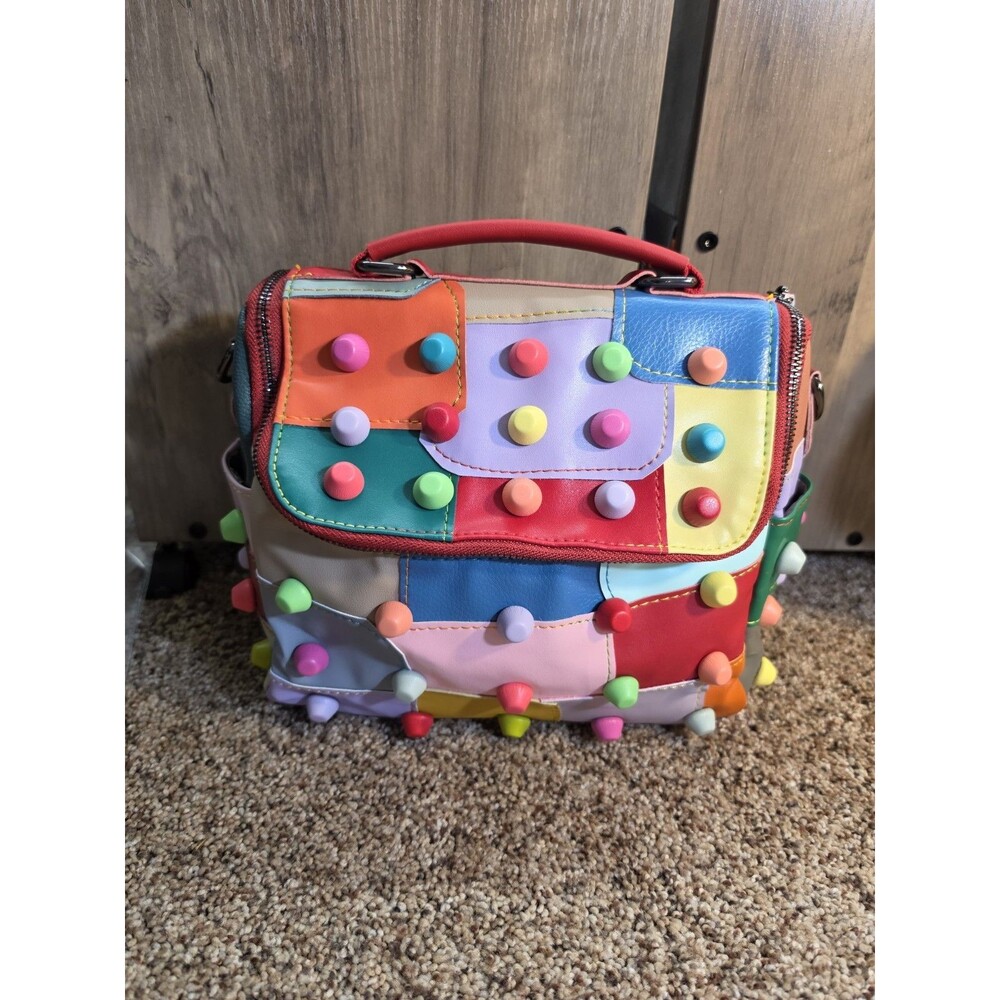 Chaos Multicolor Leather Patchwork Studded Shoulder Bag Detachable Strap Zip